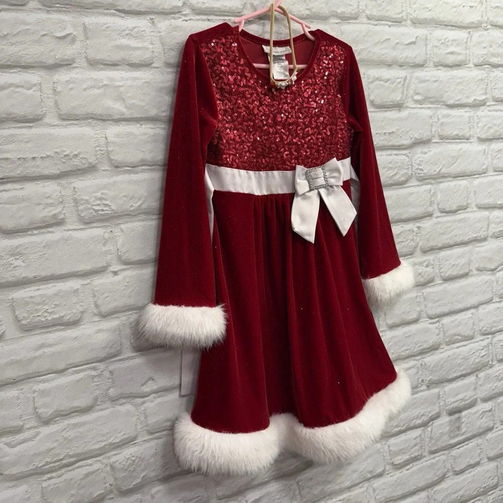 Bonnie Jean Girls Size 7 Christmas Dress Santa Claus Red Sequin White Fur Trim